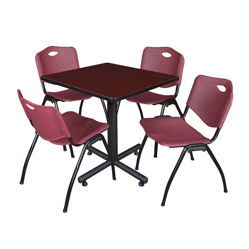 30 in. Square X-Base Breakroom Table- Mahogany, 4 M Stack Chairs- Burgundy. Picture 1