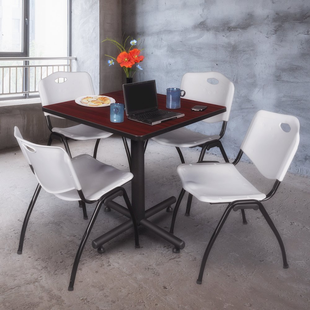30 in. Square X-Base Breakroom Table- Mahogany, 4 M Stack Chairs- Grey. Picture 9