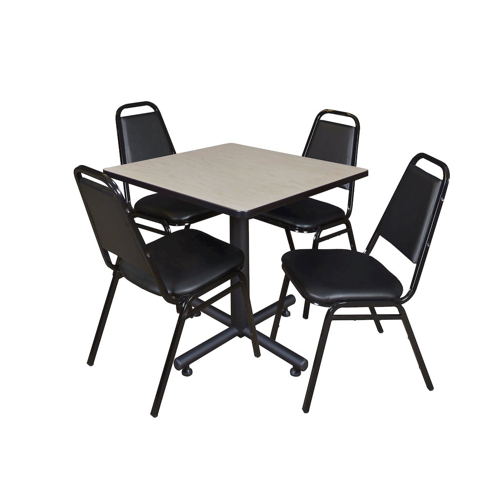 30 in. Square X-Base Breakroom Table- Maple, 4 Restaurant Stack Chairs- Black. Picture 1