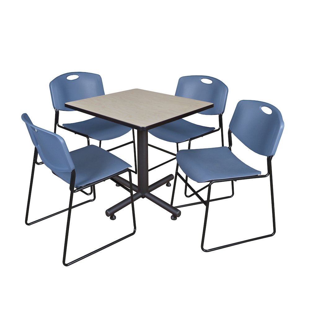 30 in. Square X-Base Breakroom Table- Maple, 4 Zeng Stack Chairs- Blue. Picture 1