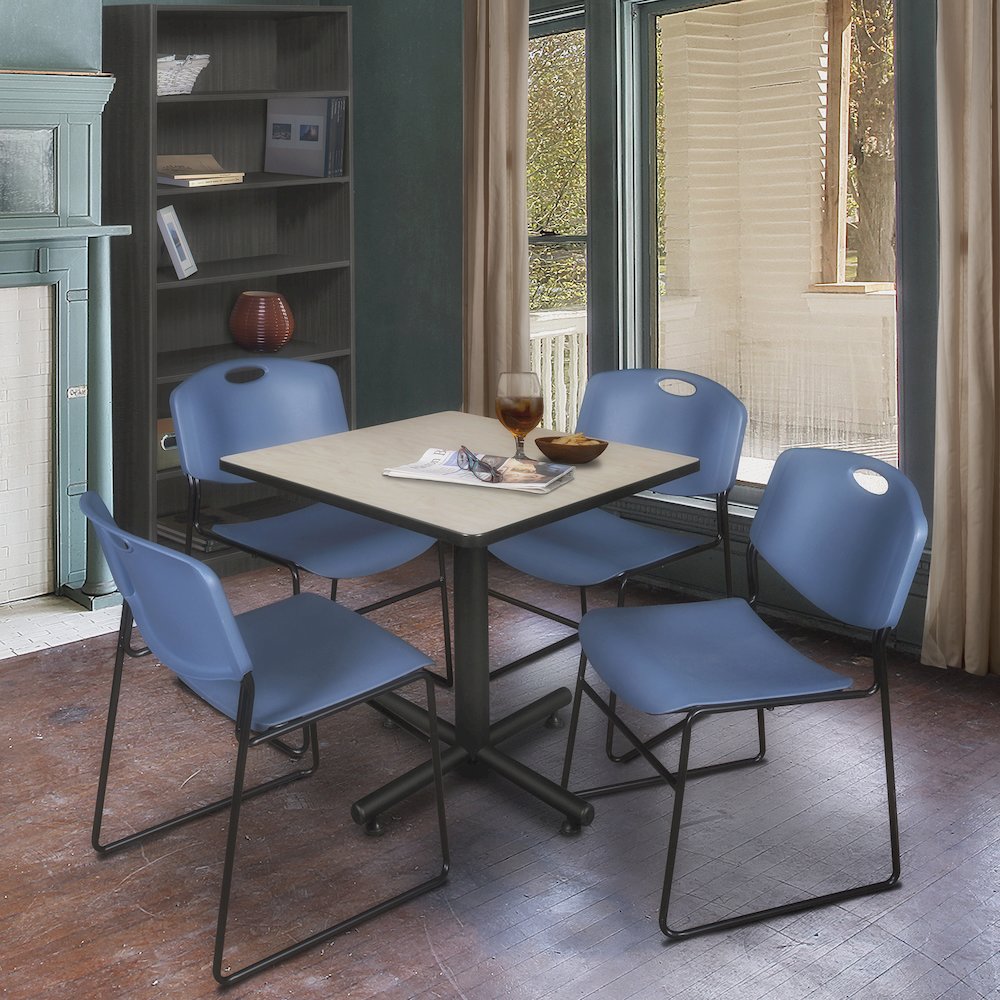 30 in. Square X-Base Breakroom Table- Maple, 4 Zeng Stack Chairs- Blue. Picture 9
