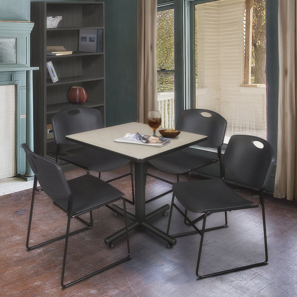 30 in. Square X-Base Breakroom Table- Maple, 4 Zeng Stack Chairs- Black. Picture 9