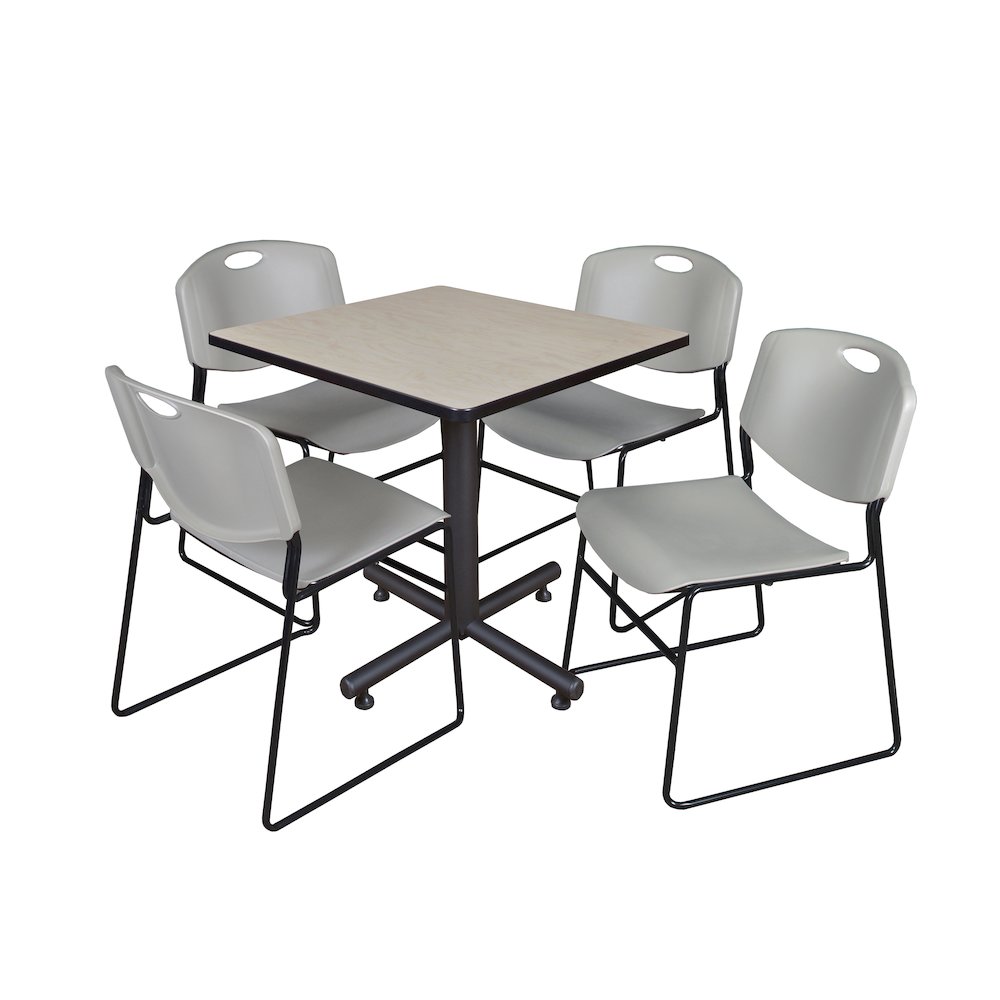 30 in. Square X-Base Breakroom Table- Maple, 4 Zeng Stack Chairs- Grey. Picture 1