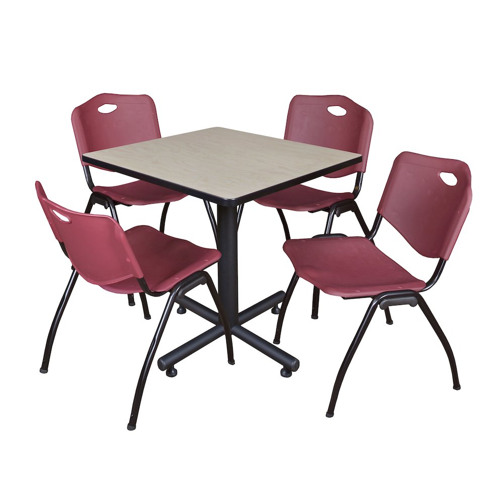30 in. Square X-Base Breakroom Table- Maple, 4 M Stack Chairs- Burgundy. Picture 1