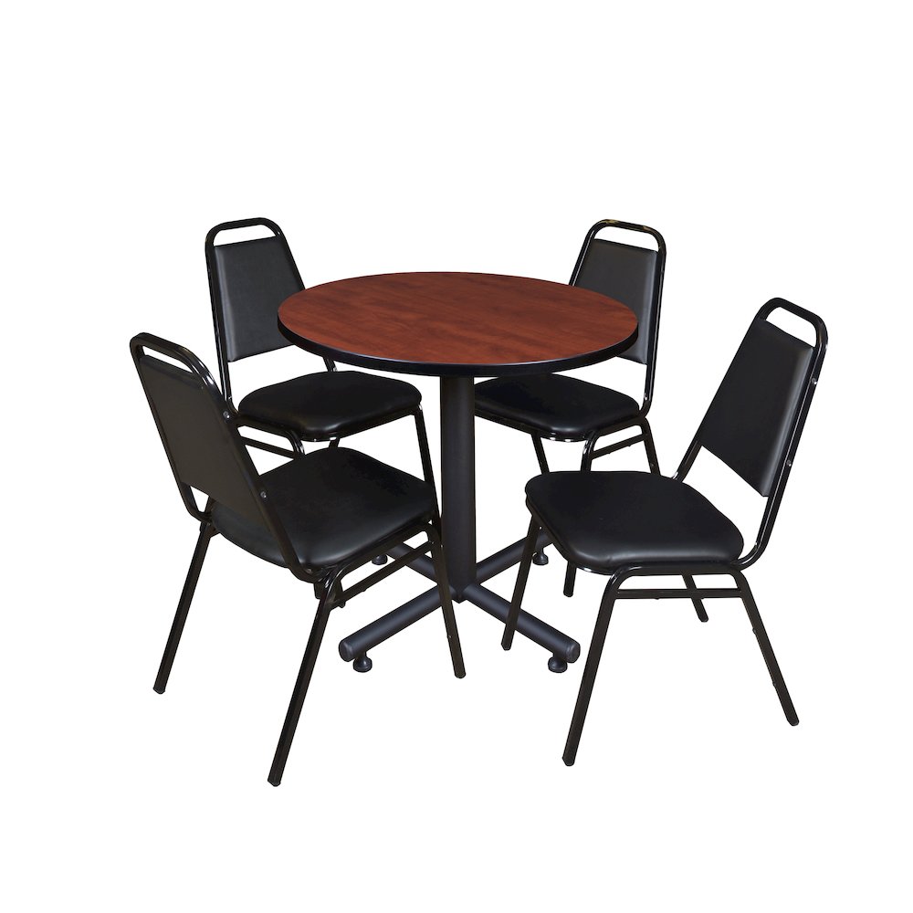 30 in. Round X-Base Breakroom Table- Cherry, 4 Restaurant Stack Chairs- Black. Picture 1