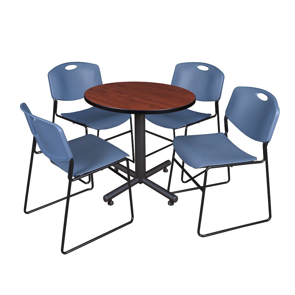 30 in. Round X-Base Breakroom Table- Cherry, 4 Zeng Stack Chairs- Blue. Picture 1