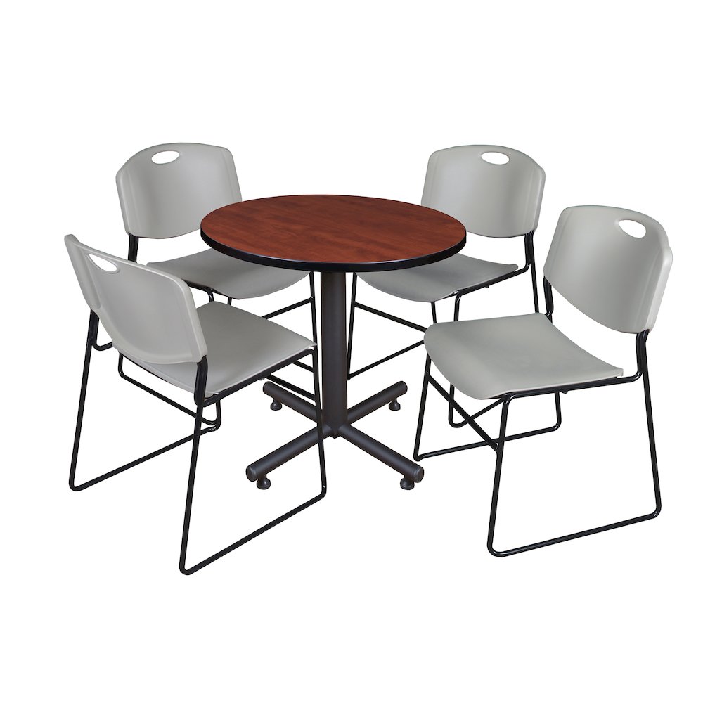 30 in. Round X-Base Breakroom Table- Cherry, 4 Zeng Stack Chairs- Grey. Picture 1