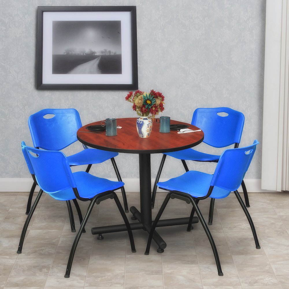 30 in. Round X-Base Breakroom Table- Cherry, 4 M Stack Chairs- Blue. Picture 8