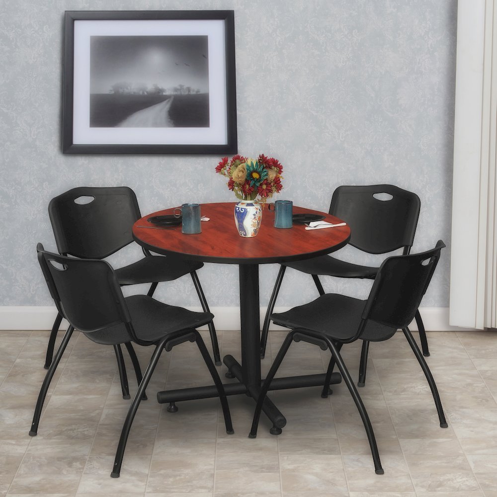 30 in. Round X-Base Breakroom Table- Cherry, 4 M Stack Chairs- Black. Picture 8