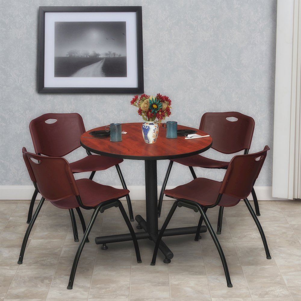 30 in. Round X-Base Breakroom Table- Cherry, 4 M Stack Chairs- Burgundy. Picture 8