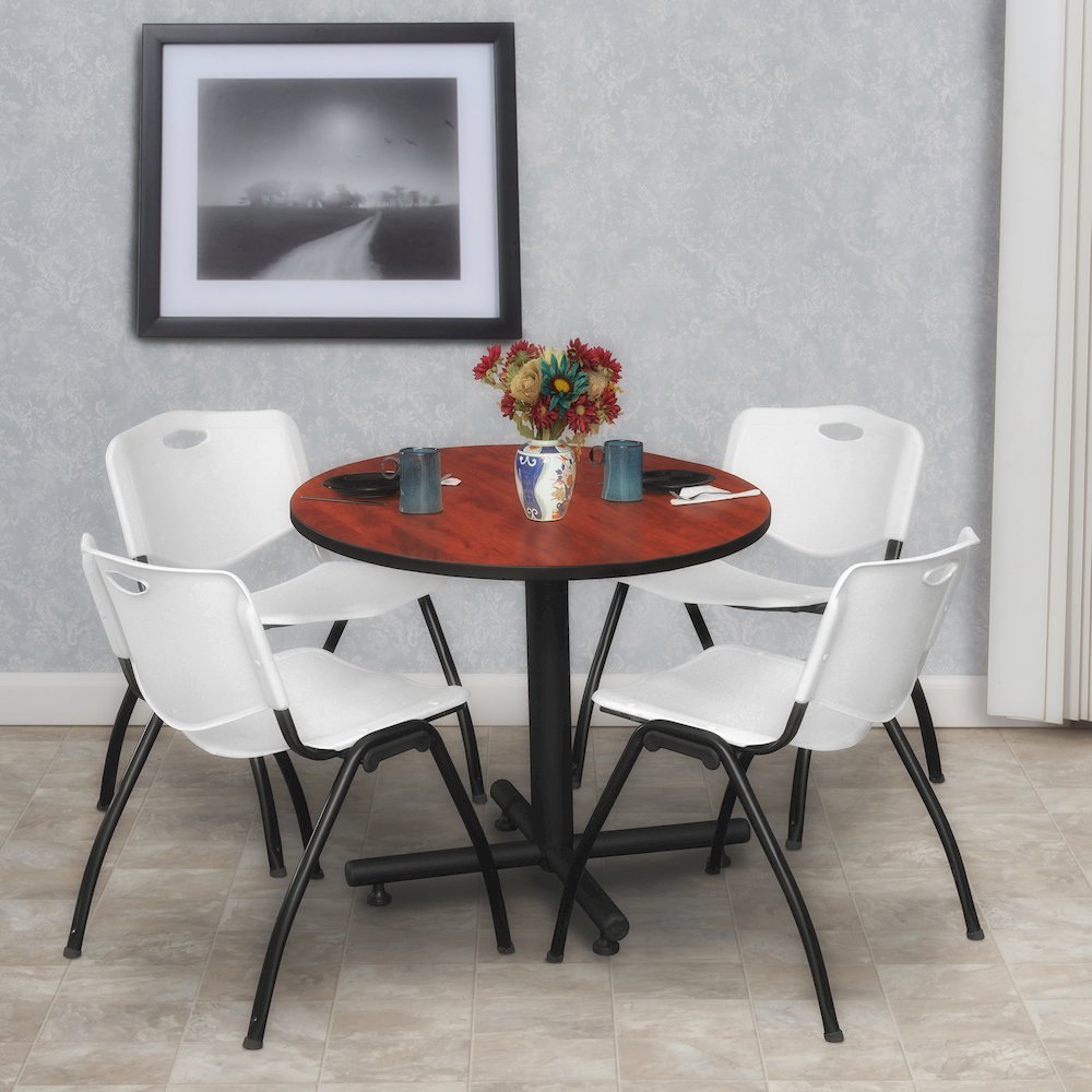 30 in. Round X-Base Breakroom Table- Cherry, 4 M Stack Chairs- Grey. Picture 8
