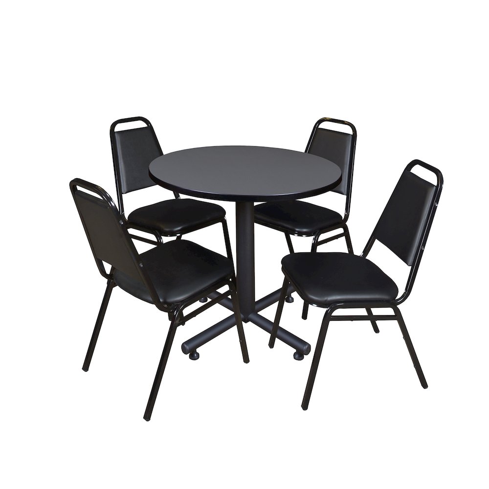 30 in. Round X-Base Breakroom Table- Grey, 4 Restaurant Stack Chairs- Black. Picture 1
