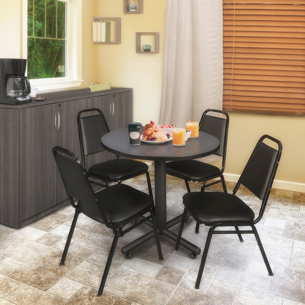 30 in. Round X-Base Breakroom Table- Grey, 4 Restaurant Stack Chairs- Black. Picture 8