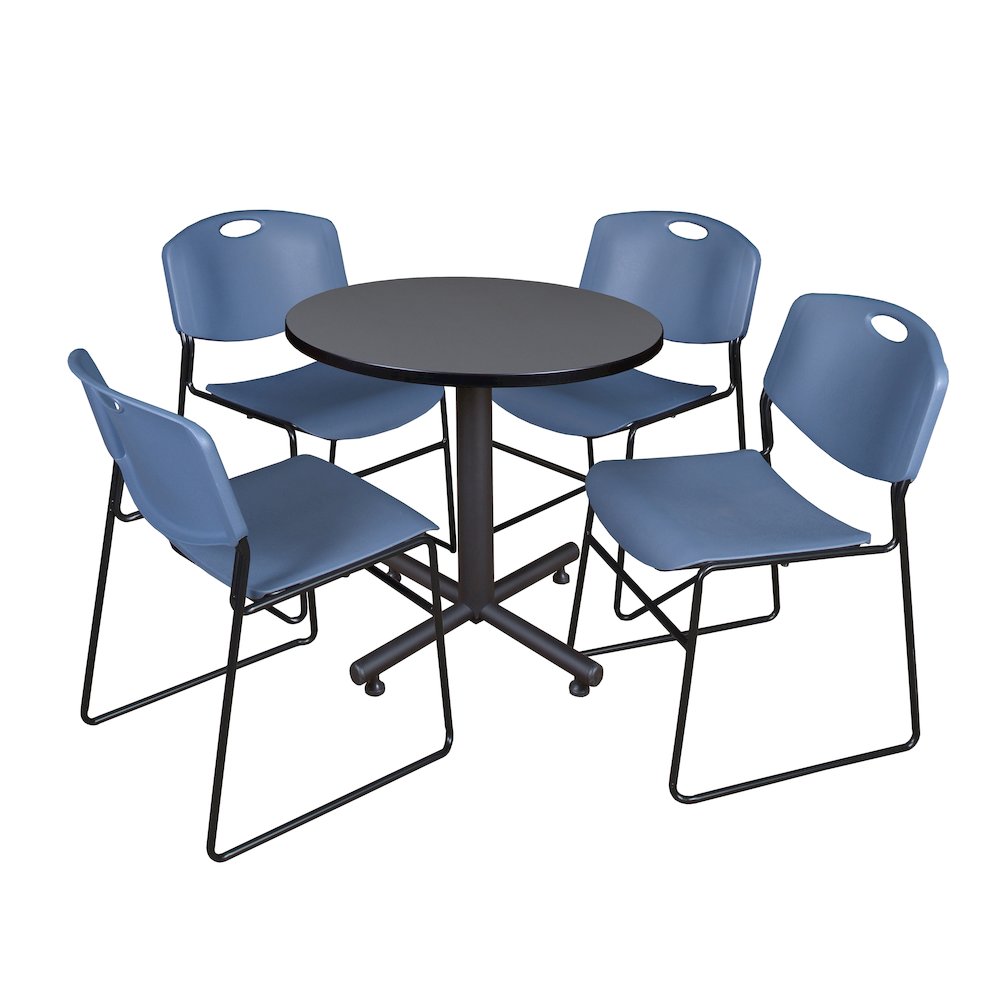 30 in. Round X-Base Breakroom Table- Grey, 4 Zeng Stack Chairs- Blue. Picture 1