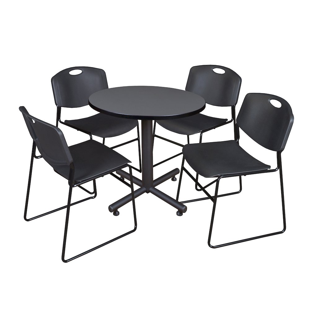 30 in. Round X-Base Breakroom Table- Grey, 4 Zeng Stack Chairs- Black. Picture 1