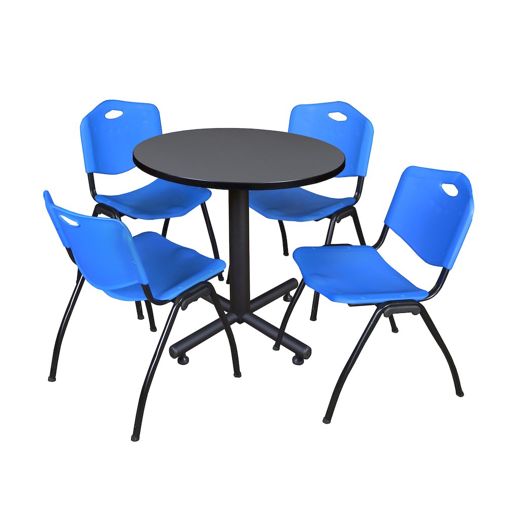 30 in. Round X-Base Breakroom Table- Grey, 4 M Stack Chairs- Blue. Picture 1