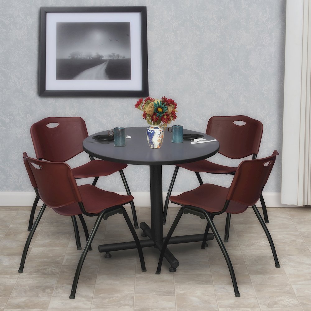 30 in. Round X-Base Breakroom Table- Grey, 4 M Stack Chairs- Burgundy. Picture 8