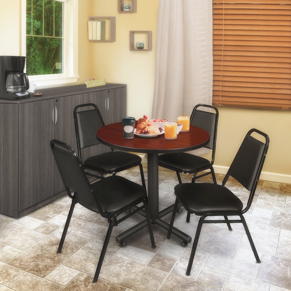 30 in. Round X-Base Breakroom Table- Mahogany, 4 Restaurant Stack Chairs- Black. Picture 8