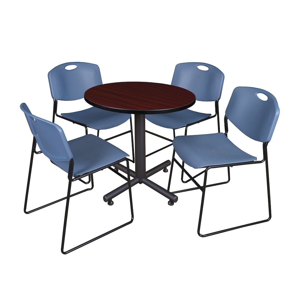 30 in. Round X-Base Breakroom Table- Mahogany, 4 Zeng Stack Chairs- Blue. Picture 1