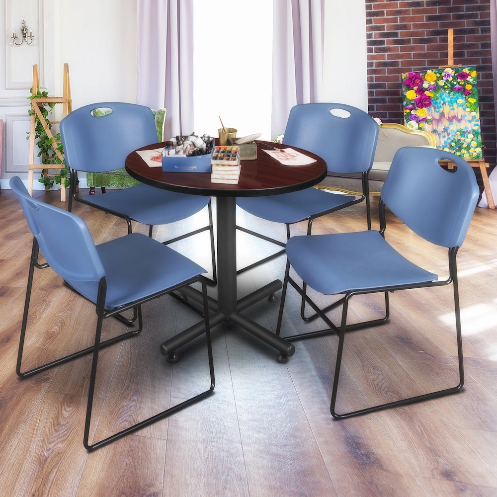 30 in. Round X-Base Breakroom Table- Mahogany, 4 Zeng Stack Chairs- Blue. Picture 8
