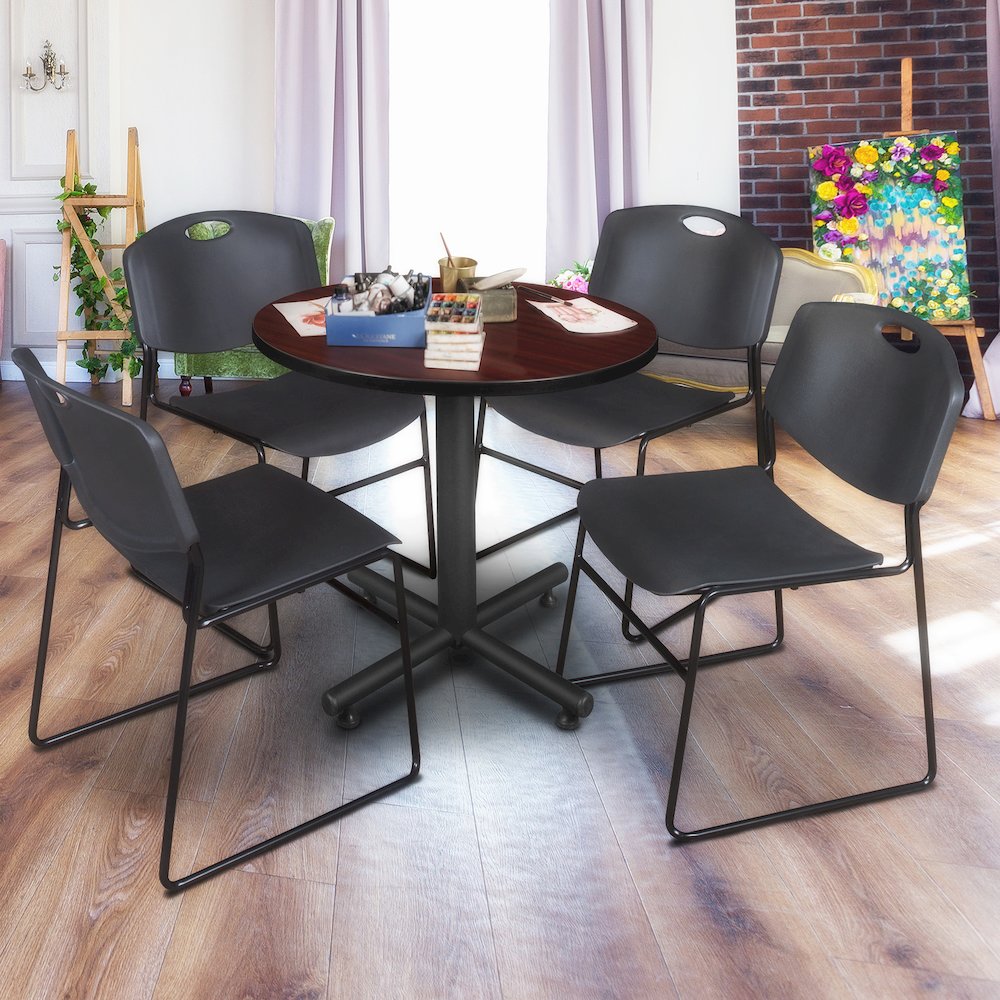 30 in. Round X-Base Breakroom Table- Mahogany, 4 Zeng Stack Chairs- Black. Picture 8