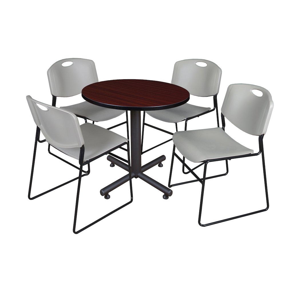 30 in. Round X-Base Breakroom Table- Mahogany, 4 Zeng Stack Chairs- Grey. Picture 1