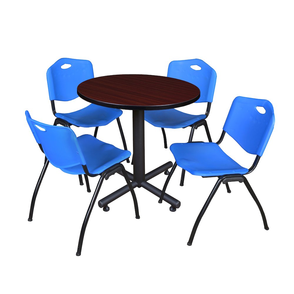 30 in. Round X-Base Breakroom Table- Mahogany, 4 M Stack Chairs- Blue. Picture 1