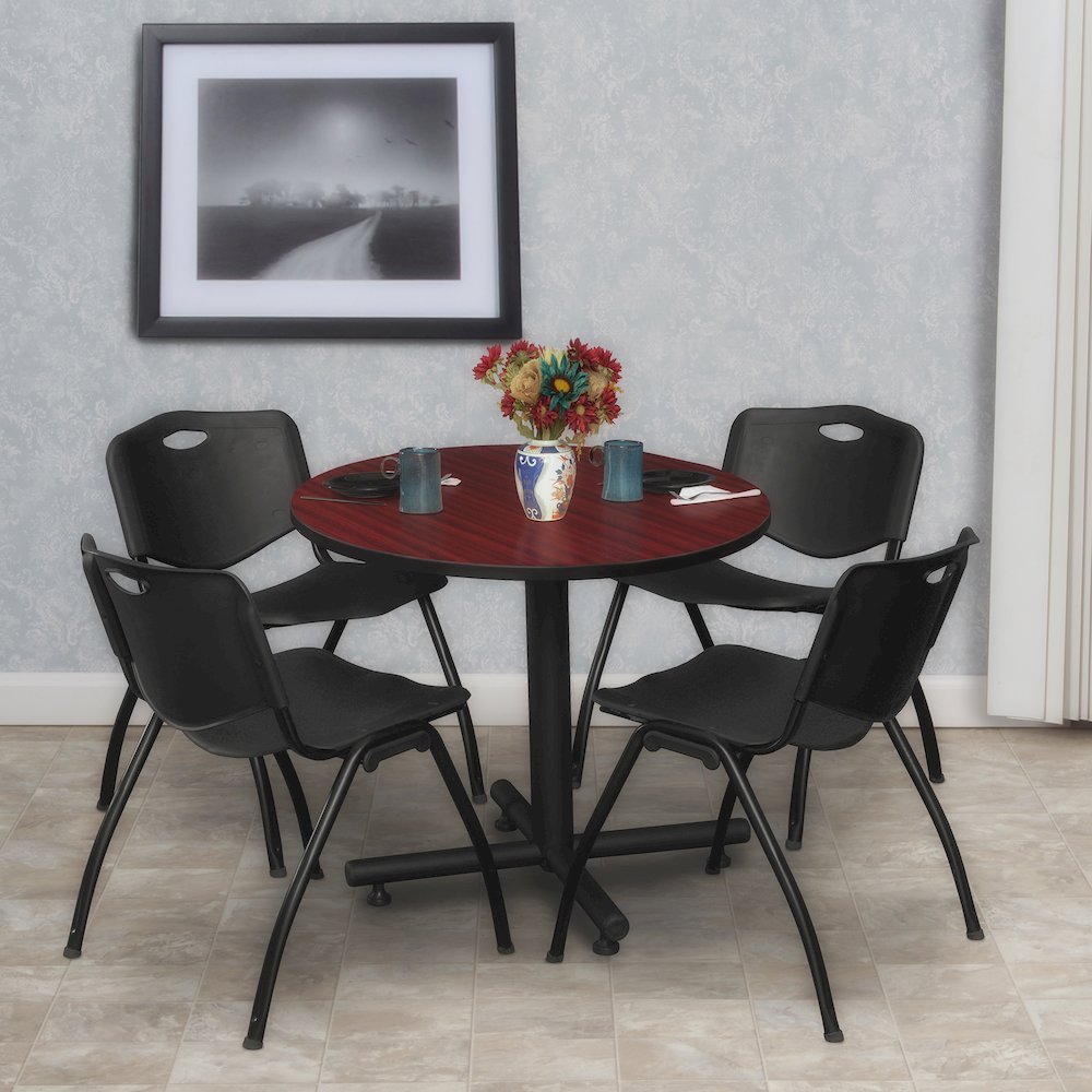 30 in. Round X-Base Breakroom Table- Mahogany, 4 M Stack Chairs- Black. Picture 8