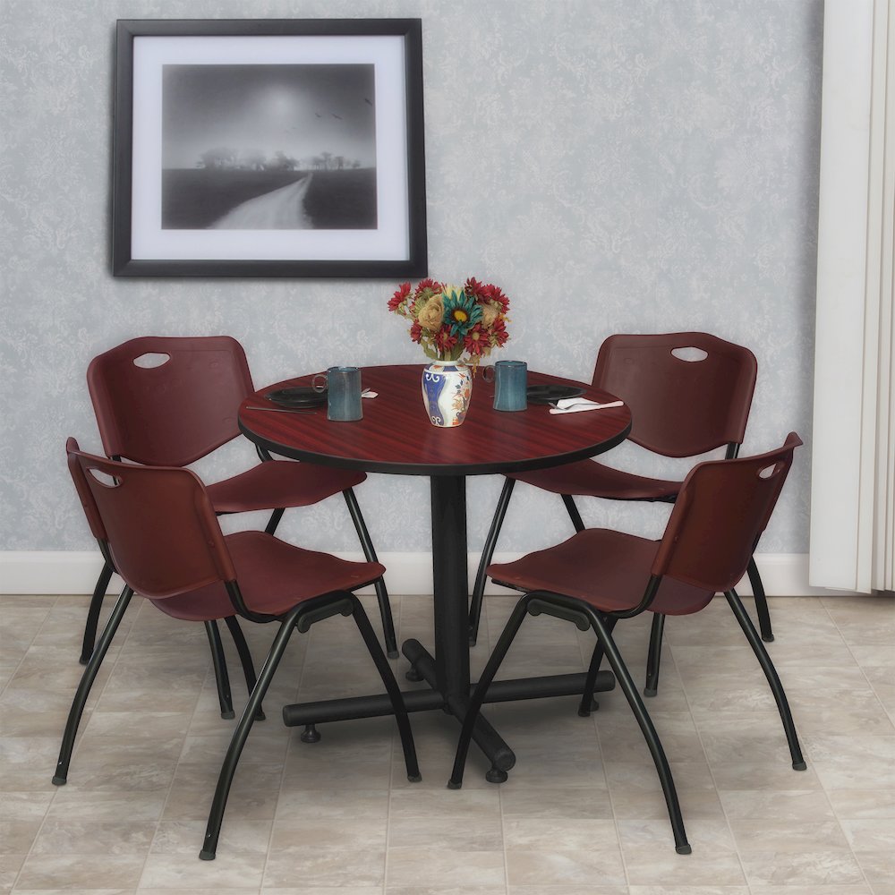 30 in. Round X-Base Breakroom Table- Mahogany, 4 M Stack Chairs- Burgundy. Picture 8