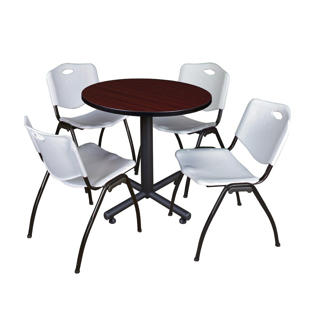 30 in. Round X-Base Breakroom Table- Mahogany, 4 M Stack Chairs- Grey. Picture 1