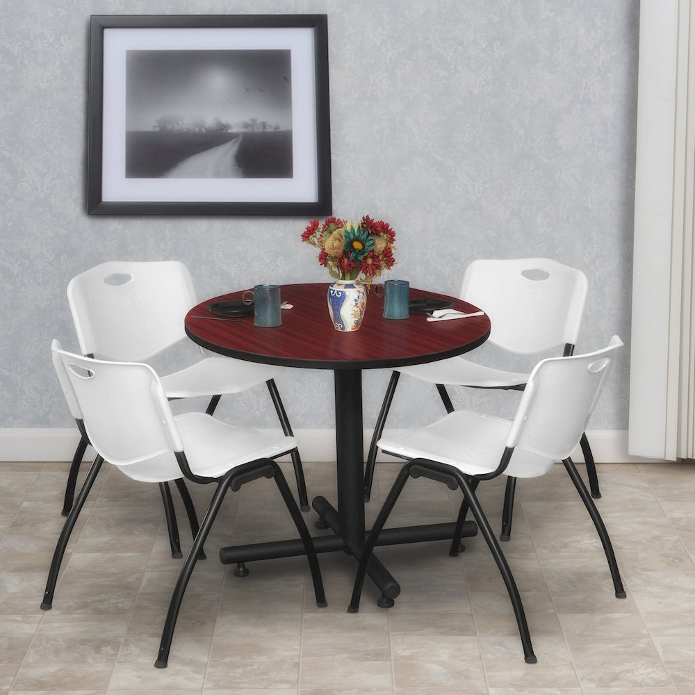 30 in. Round X-Base Breakroom Table- Mahogany, 4 M Stack Chairs- Grey. Picture 8
