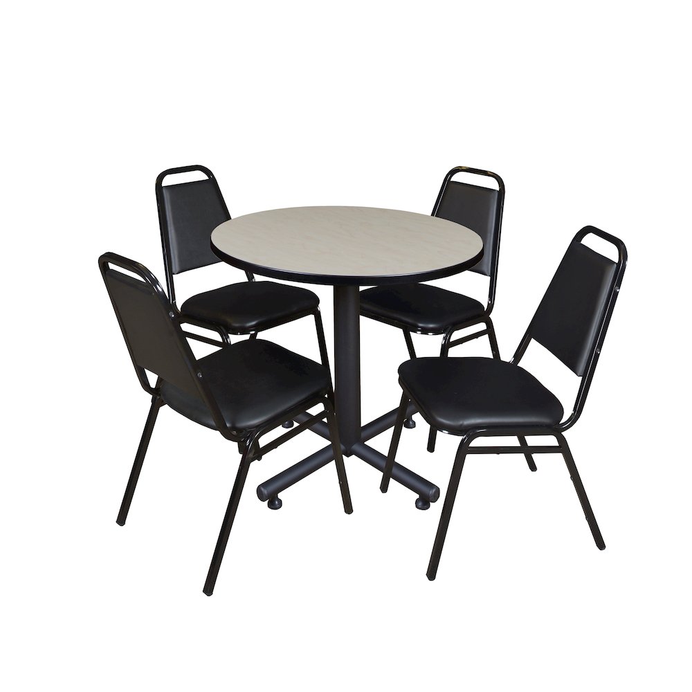 30 in. Round X-Base Breakroom Table- Maple, 4 Restaurant Stack Chairs- Black. Picture 1