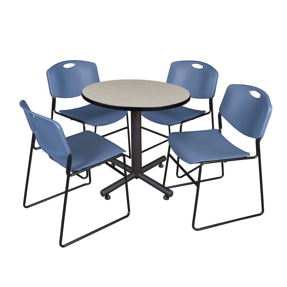 30 in. Round X-Base Breakroom Table- Maple, 4 Zeng Stack Chairs- Blue. Picture 1
