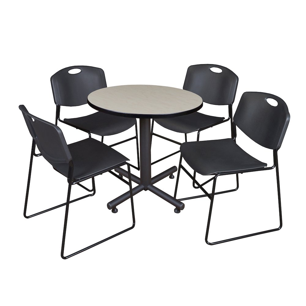 30 in. Round X-Base Breakroom Table- Maple, 4 Zeng Stack Chairs- Black. Picture 1