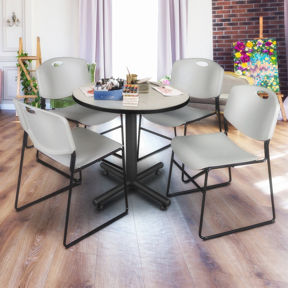 30 in. Round X-Base Breakroom Table- Maple, 4 Zeng Stack Chairs- Grey. Picture 8