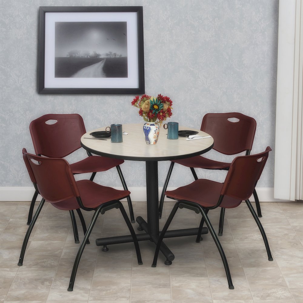 30 in. Round X-Base Breakroom Table- Maple, 4 M Stack Chairs- Burgundy. Picture 8