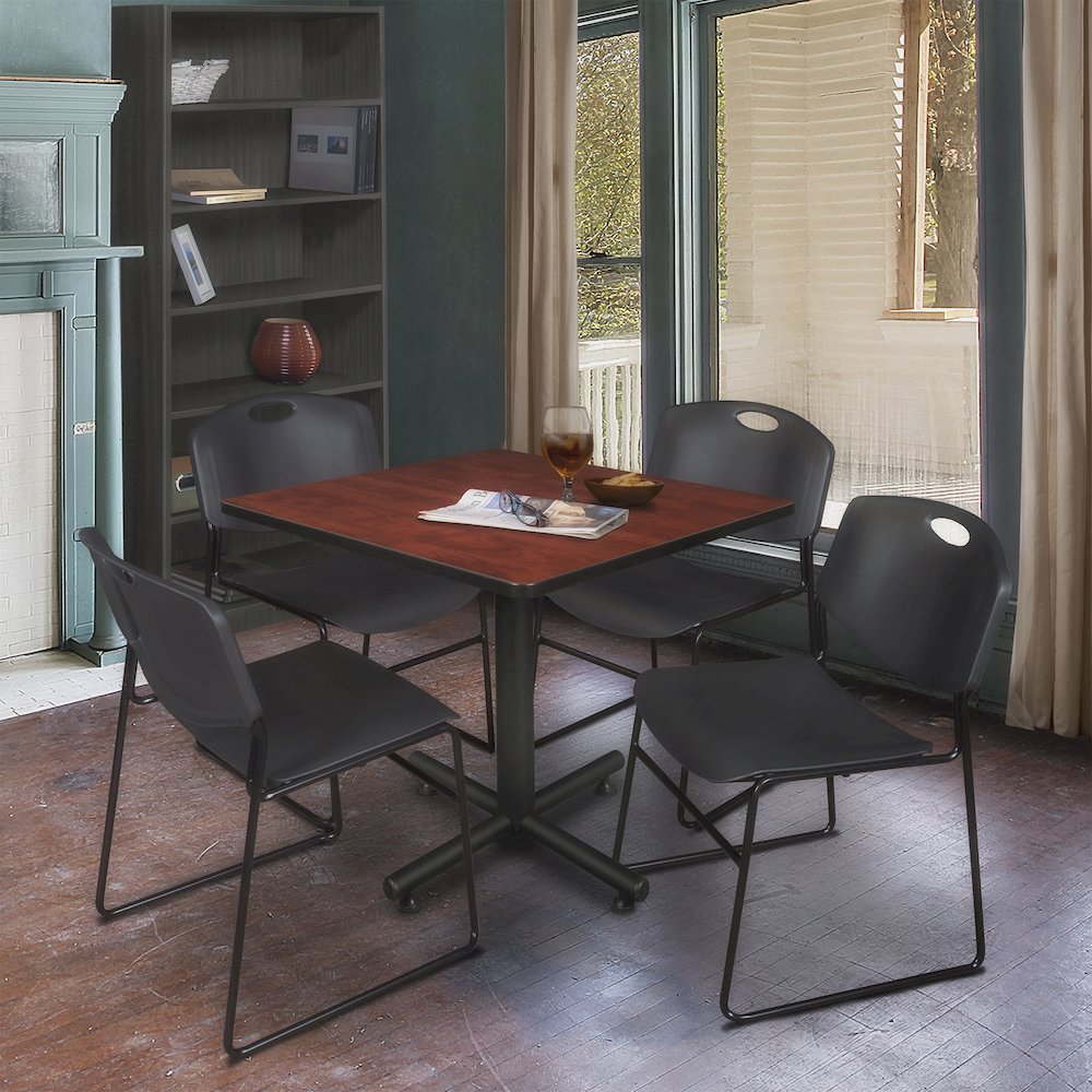 36 in. Square X-Base Breakroom Table- Cherry, 4 Zeng Stack Chairs- Black. Picture 9