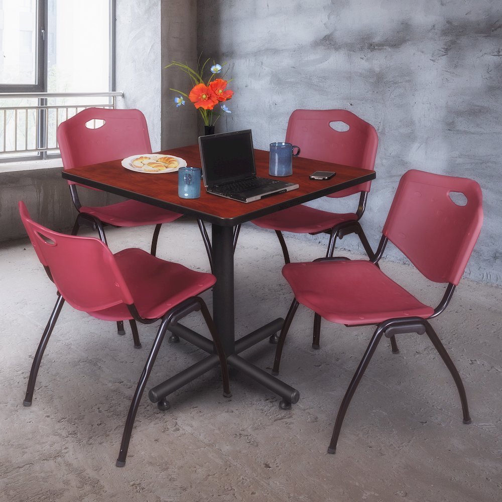 36 in. Square X-Base Breakroom Table- Cherry, 4 M Stack Chairs- Burgundy. Picture 9