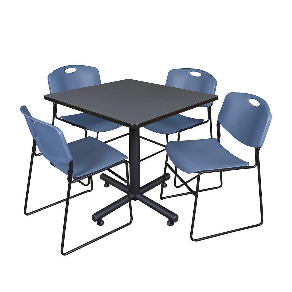 36 in. Square X-Base Breakroom Table- Grey, 4 Zeng Stack Chairs- Blue. Picture 1