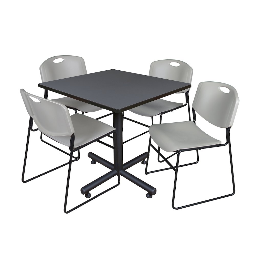 36 in. Square X-Base Breakroom Table- Grey, 4 Zeng Stack Chairs- Grey. Picture 1