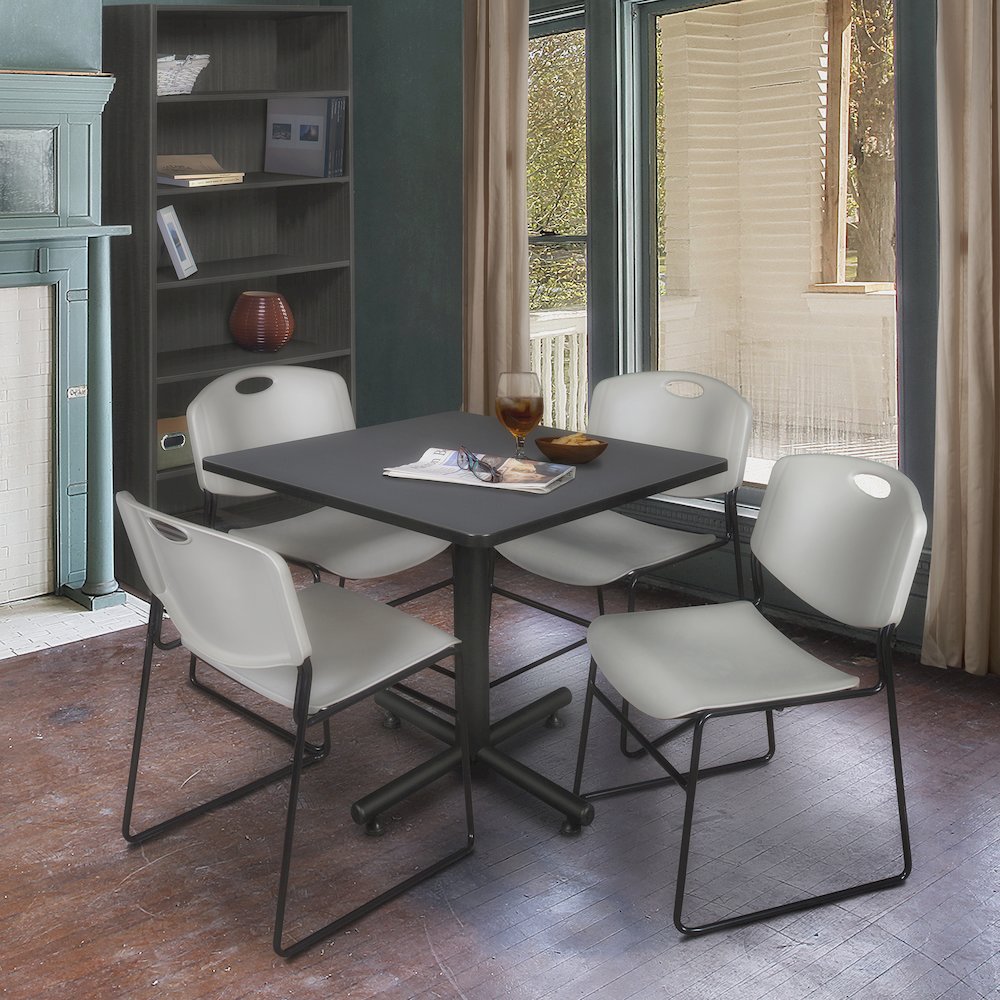 36 in. Square X-Base Breakroom Table- Grey, 4 Zeng Stack Chairs- Grey. Picture 9