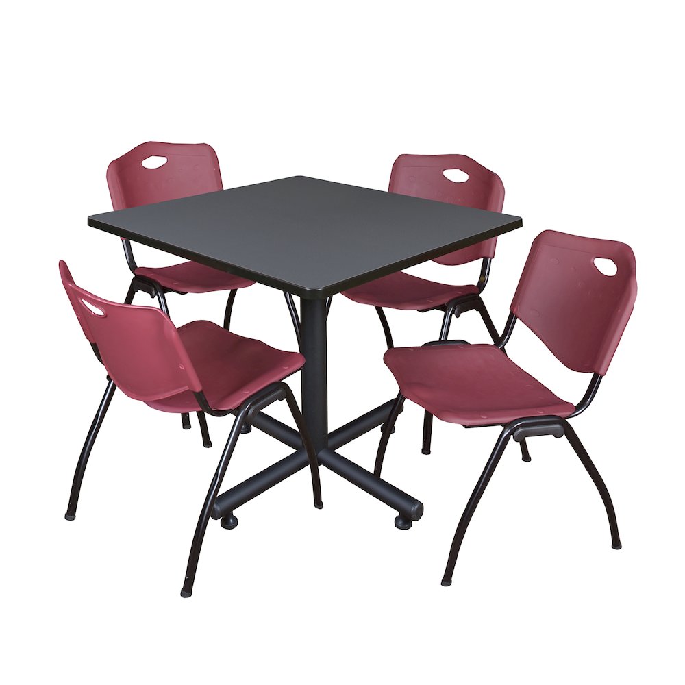 36 in. Square X-Base Breakroom Table- Grey, 4 M Stack Chairs- Burgundy. Picture 1