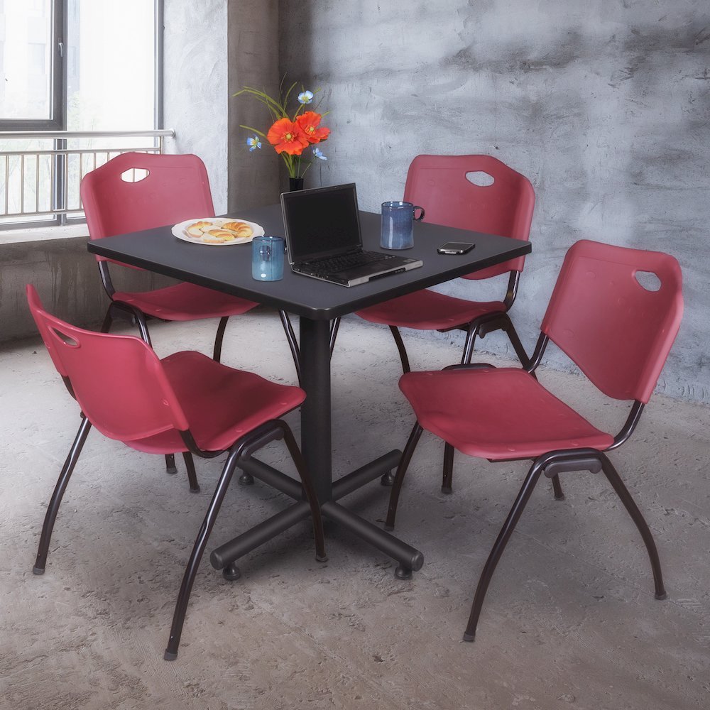36 in. Square X-Base Breakroom Table- Grey, 4 M Stack Chairs- Burgundy. Picture 9