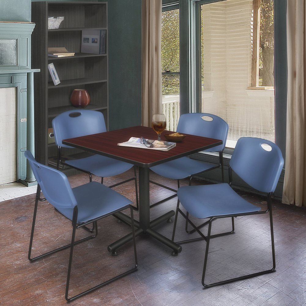 36 in. Square X-Base Breakroom Table- Mahogany, 4 Zeng Stack Chairs- Blue. Picture 9