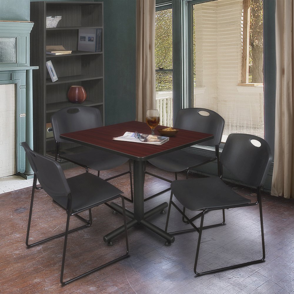 36 in. Square X-Base Breakroom Table- Mahogany, 4 Zeng Stack Chairs- Black. Picture 9