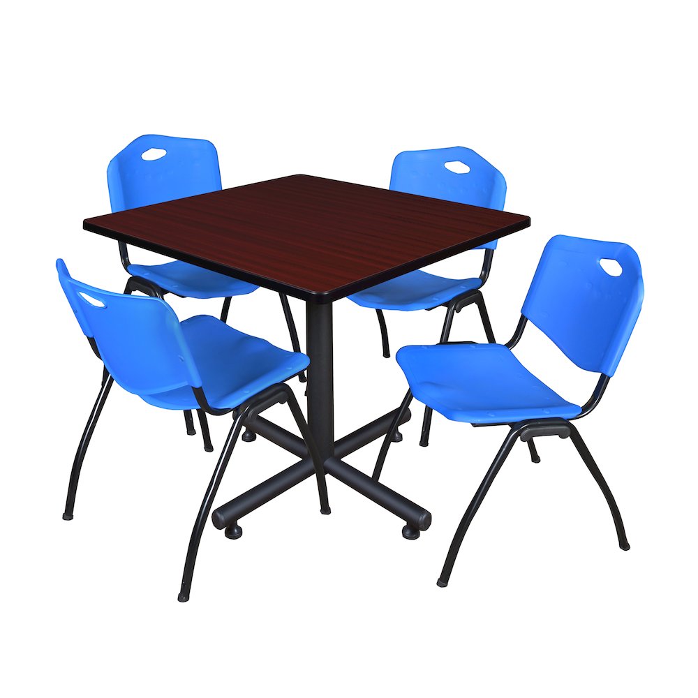 36 in. Square X-Base Breakroom Table- Mahogany, 4 M Stack Chairs- Blue. Picture 1