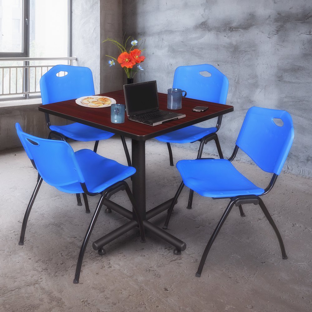 36 in. Square X-Base Breakroom Table- Mahogany, 4 M Stack Chairs- Blue. Picture 9