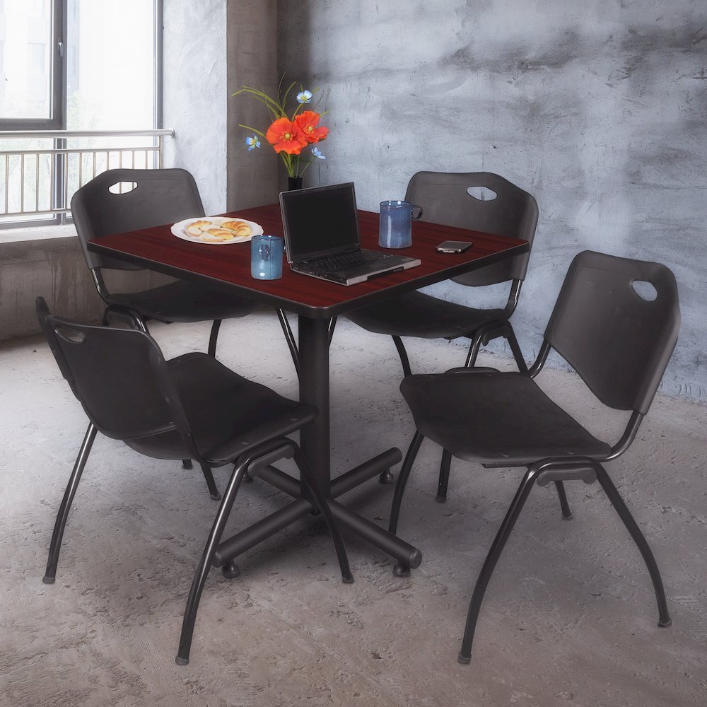 36 in. Square X-Base Breakroom Table- Mahogany, 4 M Stack Chairs- Black. Picture 9