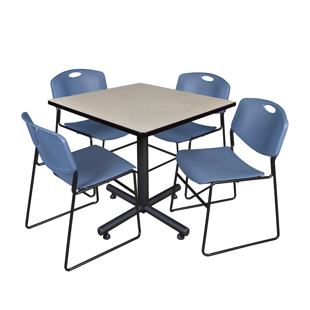 36 in. Square X-Base Breakroom Table- Maple, 4 Zeng Stack Chairs- Blue. Picture 1