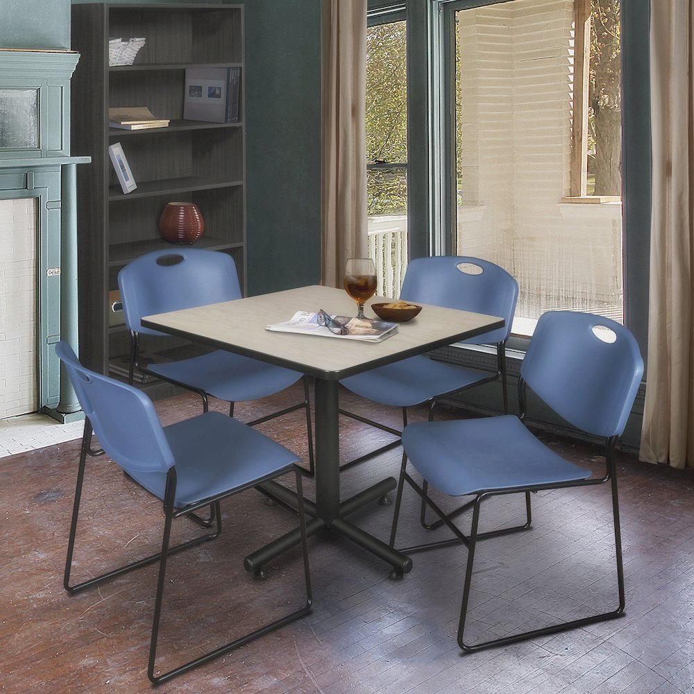 36 in. Square X-Base Breakroom Table- Maple, 4 Zeng Stack Chairs- Blue. Picture 9
